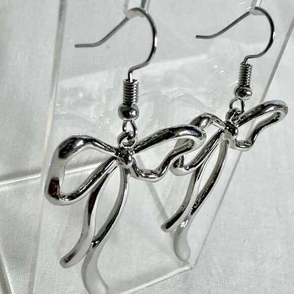 Silver Tone Ribbon Bow Dangle Earrings - Picture 6 of 8